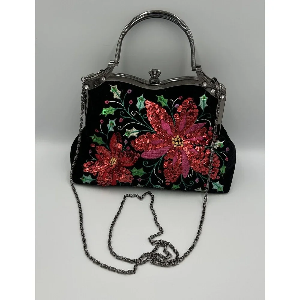 Vintage VENDULA‎ Purse Black Velvet Rhinestones Sequins Poinsettias